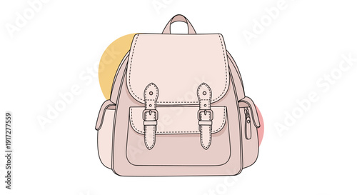 Stylish pink backpack illustration with buckle straps and side pockets on a decorative yellow and pink background.