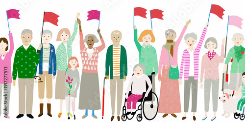 Diverse group of people waving red flags in a celebratory scene