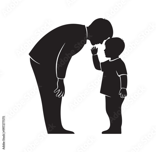 silhouette of a man bending down to talk to a little boy