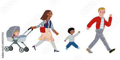 A family with a stroller walks together on a bright sunny day