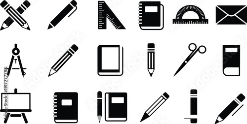 Black School Supplies Icon Set Isolated on White Background, Education Stationery Collection Including Pencil, Notebook, Ruler, Scissors, Compass and Envelope Vector Illustration