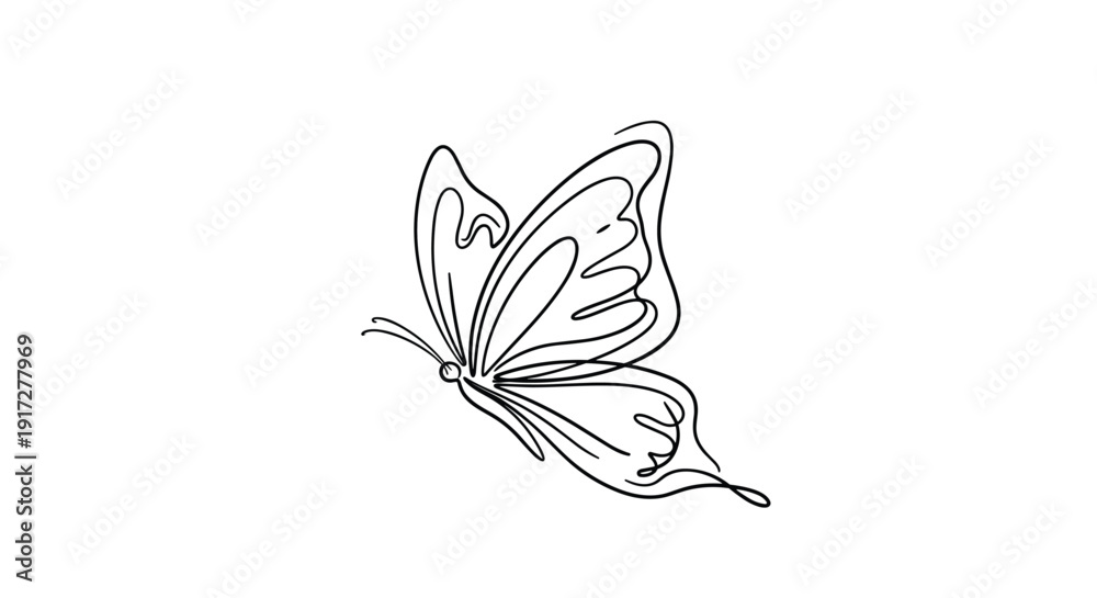 Fototapeta premium Minimalist continuous line drawing of a graceful butterfly in flight using simple black lines on a white background.