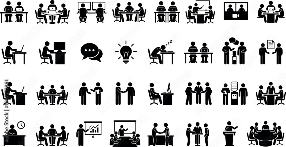 Fototapeta premium Collaboration Teamwork Professional Workspace Corporate Presentation Coworking Communication Remote Work Management Project Discussion and Executive Leadership Pictogram Collection