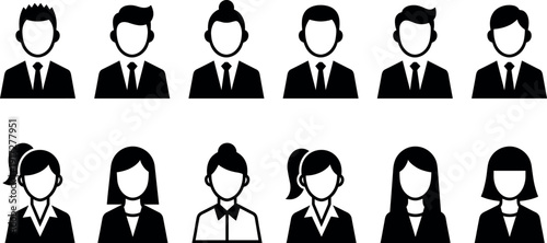 Professional Business Avatar Icon Set Featuring Diverse Male and Female Corporate Characters in Suits Flat Vector Silhouette Design for User Profile Web Interface Branding