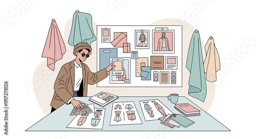 Fashion Designer Sketching Ideas, Mood Board with Fabric Swatches and Clothing Designs