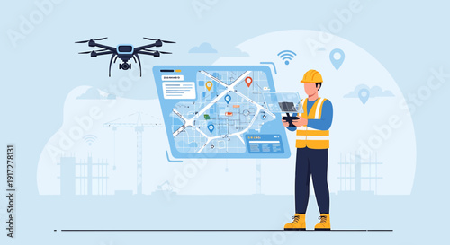 Drone Surveying Site with Pilot and Holographic Map Display