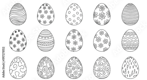 Set of fifteen hand-drawn Easter eggs featuring various patterns including flowers, dots, waves, and swirls for coloring or decoration.