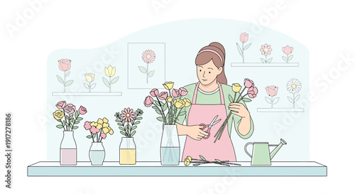Florist Arranging Colorful Flowers in Vases for Bouquet Making