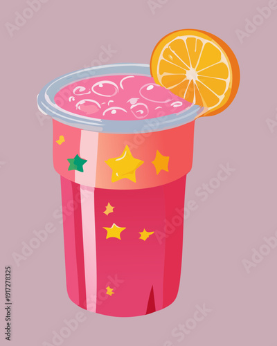 Vibrant pink berry juice in a glass decorated with stars and lemon for a magical summer party drink - Vector Illustration
