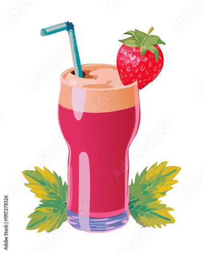 Exotic pink fruit punch with strawberries and mint leaves in a tall glass for a refreshing tropical experience - Vector Illustration