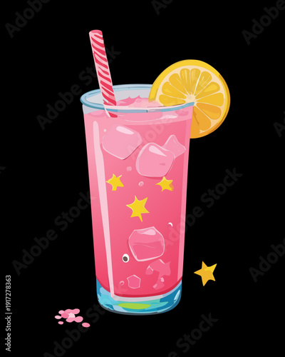 Creamy pink strawberry smoothie with whipped cream and fresh berry in a glass for a delicious dessert treat - Vector Illustration