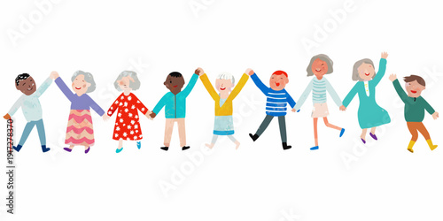 Diverse group of people holding hands in a cheerful line