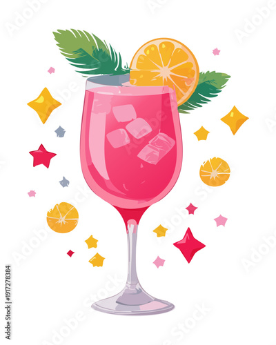 Layers of pink and yellow fruit smoothie topped with fresh strawberry in a glass for healthy summer breakfast - Vector Illustration