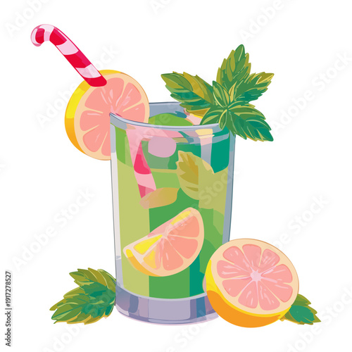 Vibrant pink berry drink with stars and lemon garnish for a magical and refreshing summer party beverage - Vector Illustration