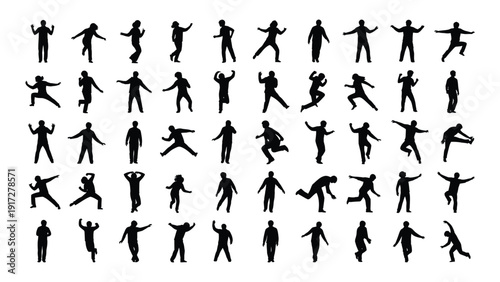 Collection of diverse human figures in various poses and activities isolated on white background, Vector