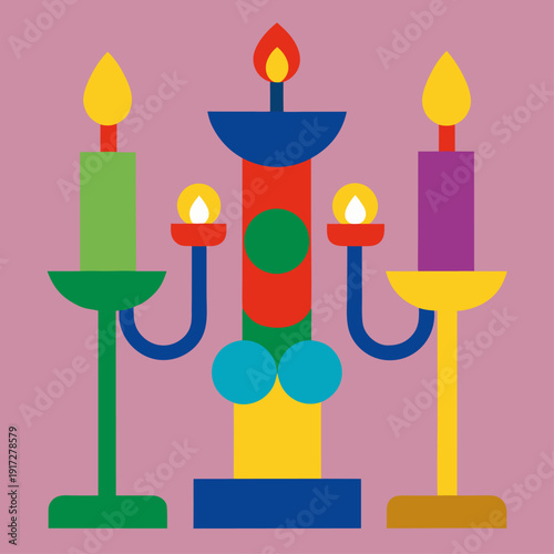 Vibrant candelabra with multiple burning candles, flanked by two individual candlesticks on a pink background.