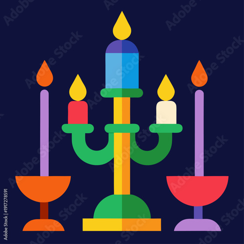 Ornate colorful candelabra with five burning candles and two tall candlesticks on a dark blue background.