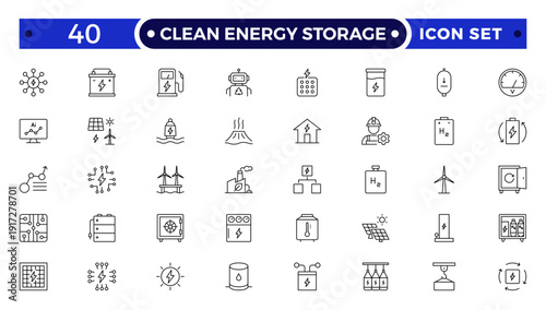 Clean Energy Storage outline icons collection illustrating renewable power, photovoltaic panels, clean electricity, sustainability, eco technology, green energy systems for web.