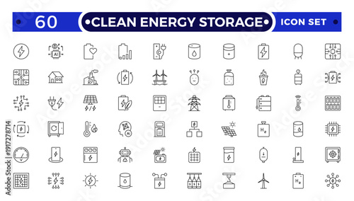 Clean Energy Storage outline icons collection illustrating renewable power, photovoltaic panels, clean electricity, sustainability, eco technology, green energy systems for web.