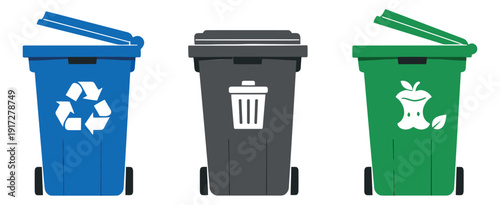 Vector illustration waste bins set featuring blue, gray, and green bins with recycling, trash, and compost symbols for waste segregation