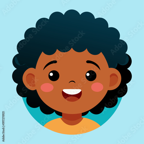 A cartoon African American girl's face shows a wide open-mouth smile with dark curly hair on a blue background.