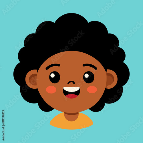 A cartoon African American girl's face is smiling happily with an open mouth and black curly hair on a teal background.