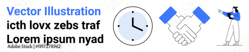 Clock representing time management, handshake indicating partnership, and a person pointing to an idea highlight collaboration, teamwork, and productivity. Ideal for business, networking, work