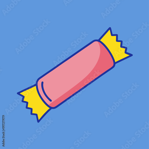 A pink hand-drawn chewing bubble gum pack with yellow wrapper ends is isolated on a blue background.