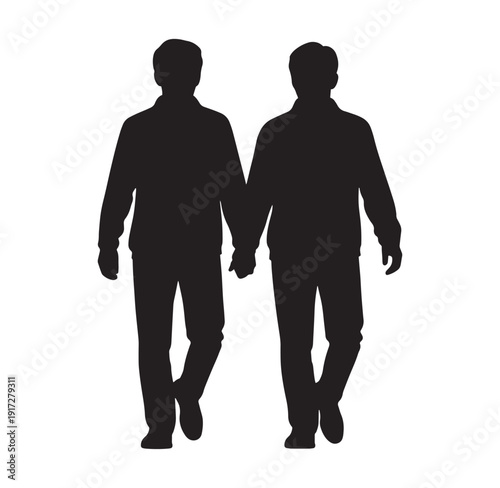 Two men walking and holding hands in silhouette on white background