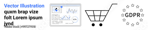 Data security, online shopping, privacy policies, analytics tools, GDPR compliance, e-commerce management. Diagram with data charts, shopping cart GDPR emblem. Data security and online shopping