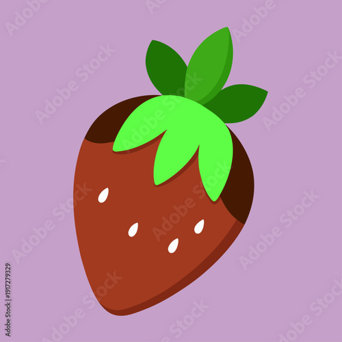 A simple flat vector illustration of a red strawberry partially dipped in rich brown chocolate, with green leaves and white seeds.