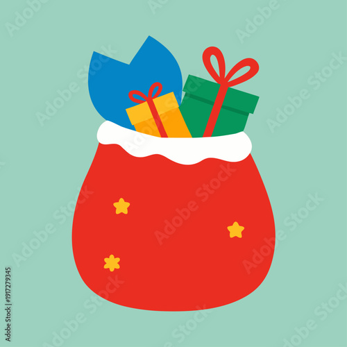 A vibrant red Christmas bag with white trim is packed with holiday presents and decorative stars.