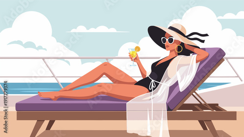 Vector illustration Stylish woman in a swimsuit and hat, relaxing on a cruise ship deck with a cocktail, capturing serene summer vacation leisure