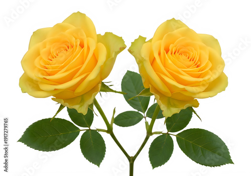 Beautiful yellow roses with green isolated on transparent background