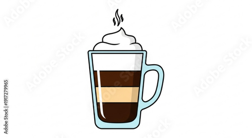 Colorful illustration of a layered coffee drink with whipped cream on top in a mug