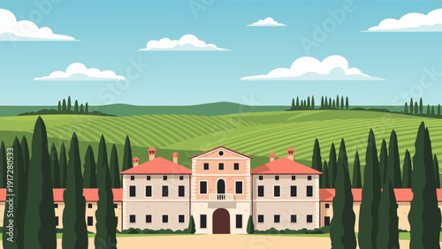 Charming Italian country villa and vineyard landscape vector illustration. Picturesque Tuscan scene with cypress trees under a blue sky