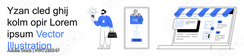 E-commerce, online shopping, digital business, payment security, web design, mobile applications. A man holds a light bulb, smartphone interface and online store elements. E-commerce and online