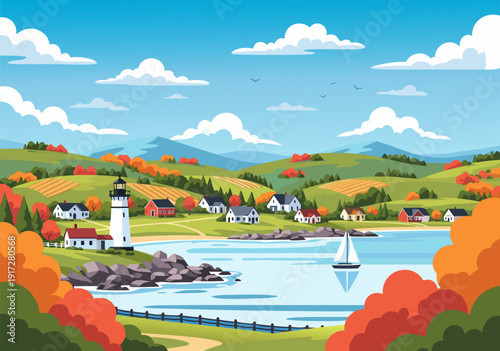 Vibrant coastal village vector illustration showcasing a charming lighthouse, calm bay with a sailboat, and colorful autumn foliage