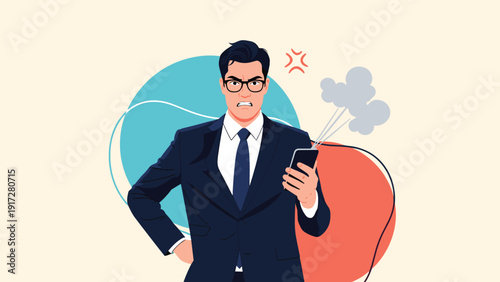 Angry businessman in a suit with glasses looking at his smartphone while steam comes out of the device from frustration.