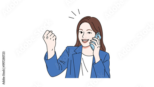 Young woman in a blue suit talking on her smartphone and raising her fist in excitement while celebrating good news.