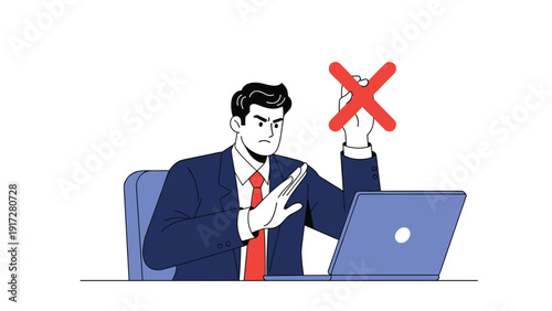 Angry businessman in a suit at his laptop making a stopping gesture with his hand while a red cross X mark appears above.