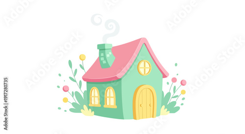Whimsical Cartoon House Illustration with Lush Garden Elements – A Sweet and Cozy Pastel Home in a Fairytale Vector Art Style for Digital Design