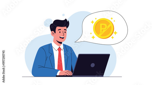 Smiling businessman in a suit at a laptop computer with a gold point coin in a speech bubble representing success or reward.