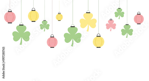 Colorful hanging paper lanterns and shamrocks create a cheerful decorative border for celebrations, holidays, and event backgrounds, symbolizing joy and good fortune