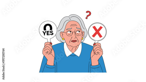 Senior woman with glasses looking confused while holding a circular YES sign and a red X sign, unsure of which to choose.