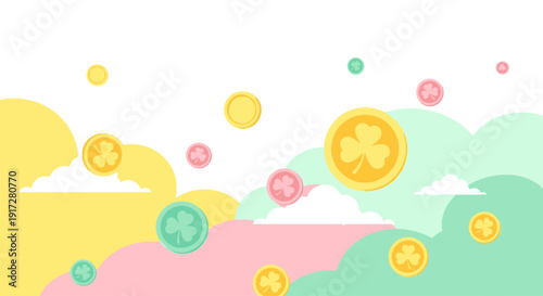 Lucky Clover Coins Falling Amidst Pastel Clouds in a Whimsical Celebration of Fortune