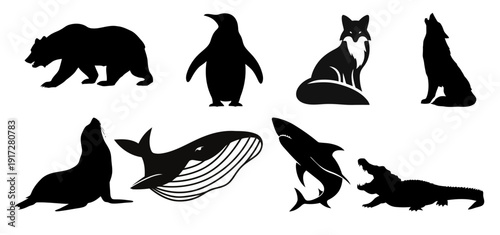 Diverse Collection of Animal Silhouettes Bear, Penguin, Fox, Wolf, Seal, Whale, Shark, and Crocodile