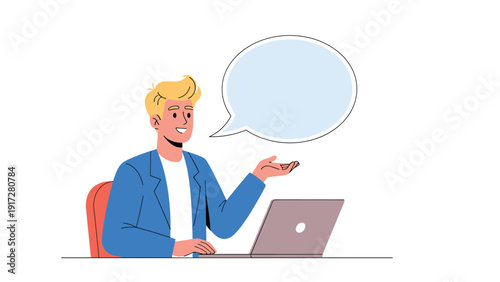 Young man in a blue jacket sitting at his laptop computer and gesturing towards a blank speech bubble with a smile.