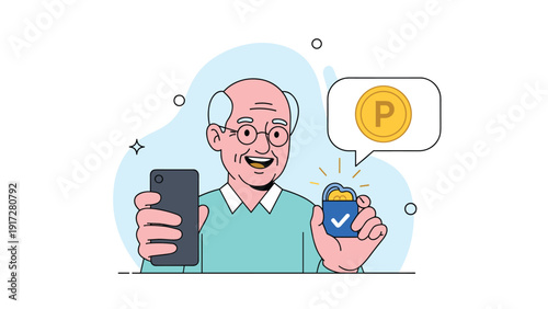Smiling senior man holding a smartphone and showing a digital wallet icon with a gold coin and checkmark in a bubble.