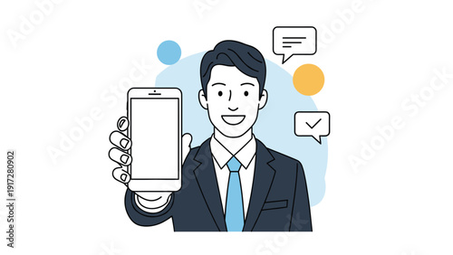 Businessman in a suit holding out a smartphone with a blank white screen next to chat and checkmark message icons.